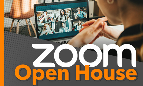 Zoom Open House; Over the shoulder view of a person sitting in front of a laptop featuring attendees in an online meeting.