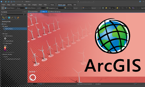 UI interface in the background with the ArcGIS logo in the foreground