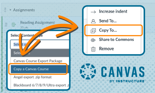 Canvas by Instructure, Copy this Course and Copy To... buttons highlighted with and arrow pointing to both buttons.