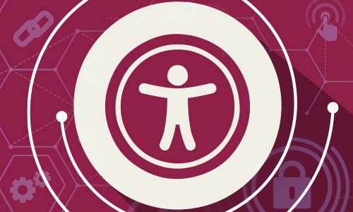 Accessibility icon, a person with concentric circles. The background displays icons for links, world wide web, and audio files.