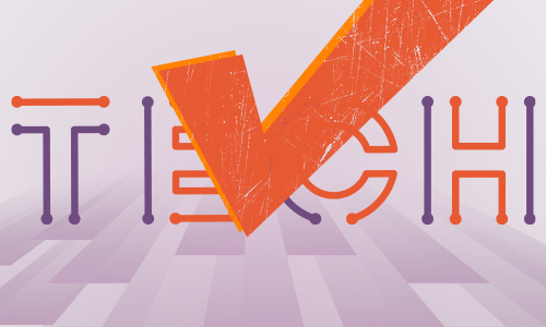 Big orange tick mark in the middle of text written as tech.