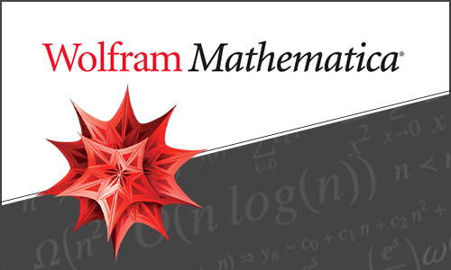 Wolfram Mathematica logo and red starburst image with math algebra problems in the background