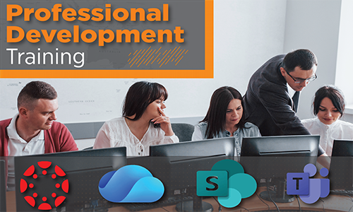 Professor helping students in computer lab. Logos for Zoom, Canvas, SharePoint, Teams, and OneDrive.