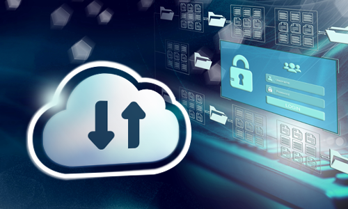 computer screen with documents, a padlock and a cloud with up and down arrows