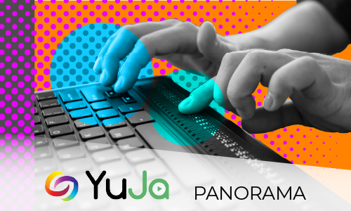 YuJa Panorama graphic of hands on a Brialle assited keyboard
