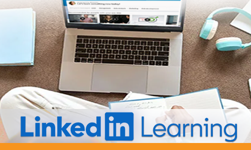 LinkedIn Learning logo and image of a student studying on the floor with a laptop