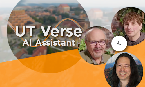 UT Verse AI Assistant, with screen capture of UT Verse and headshots of Steve Chastain, Mark Grieg, and Mikhael Loo