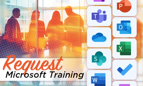 Silhouette image of a group of office workers together in a room. Icons of Microsoft Software logos overlayed on top along the right side of the image. Text that says Request Microsoft Training.