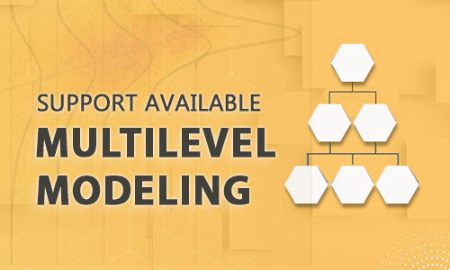 Yellow graphic with the text 'Support Available: Multilevel Modeling' and a hexagon-based hierarchy diagram. Faint background patterns of lines and shapes suggest nested, interconnected structures, reinforcing the concept of multilevel modeling.